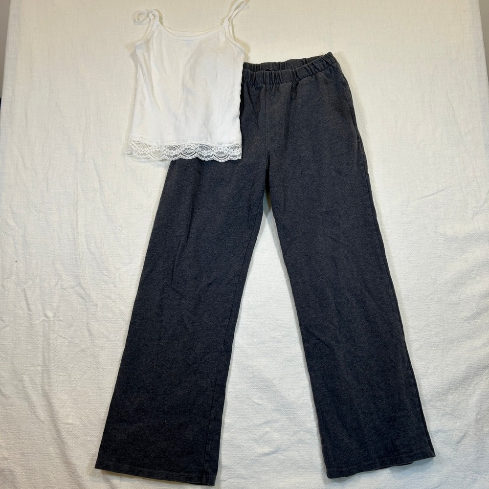 Brandy Melville Charcoal Grey Sweatpants & White Lace Trim Camisole Set Lot of 2